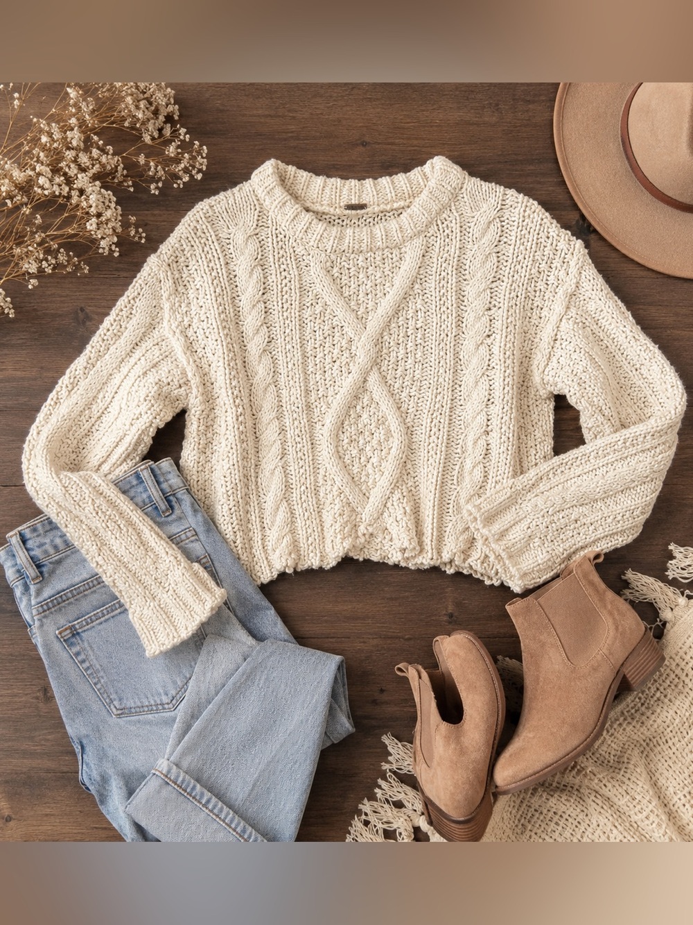 Free People Ivory Chunky Cable Knit Cropped Sweater | 100% Cotton | Size Small